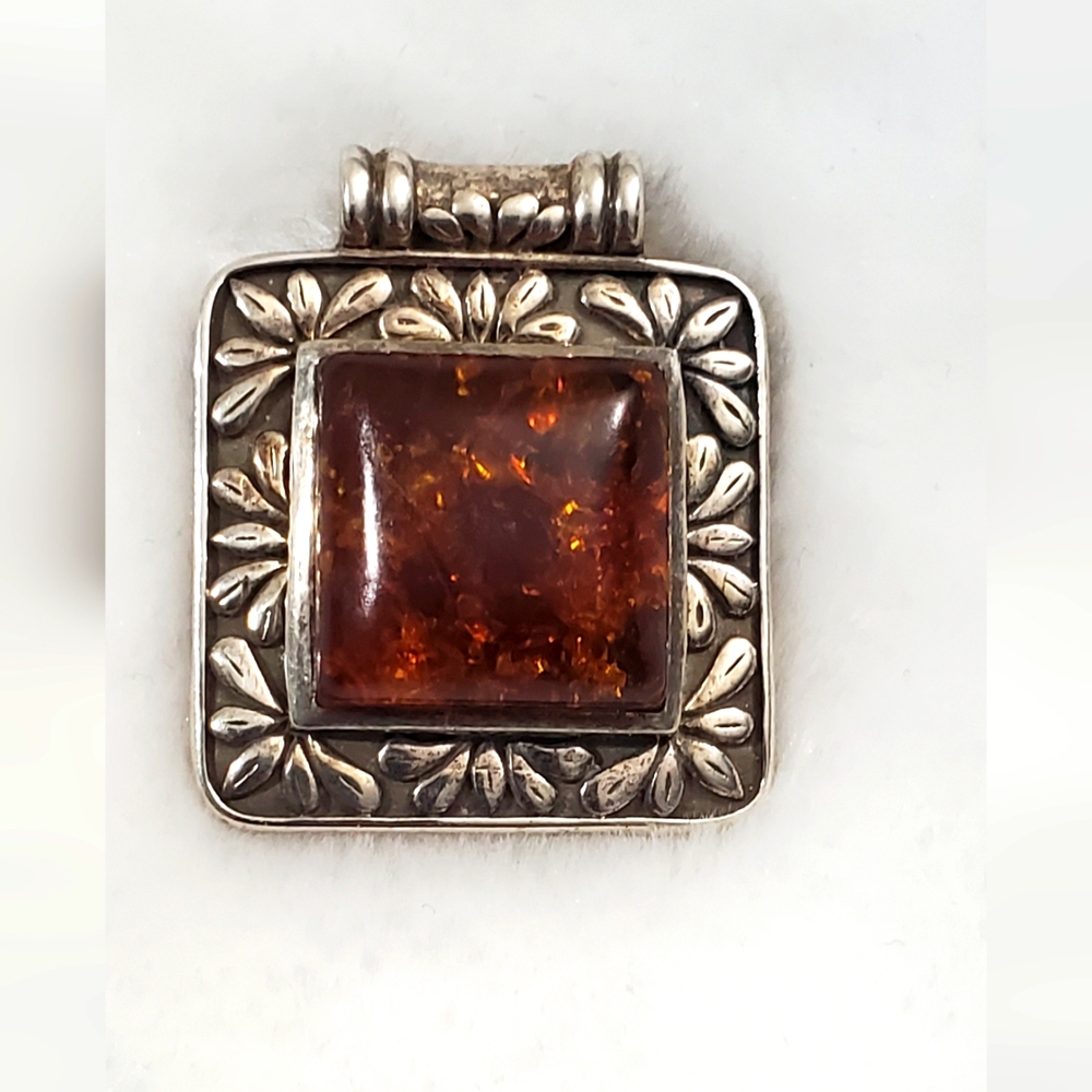 Vtg. Large Amber Pendant 925
